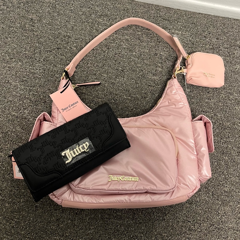 NEW Juicy Couture Pink Diamond Timeless Hobo and Heartless Flap Clutch Wallet